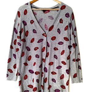 Heather Grey Lips Boyfriend Cardigan